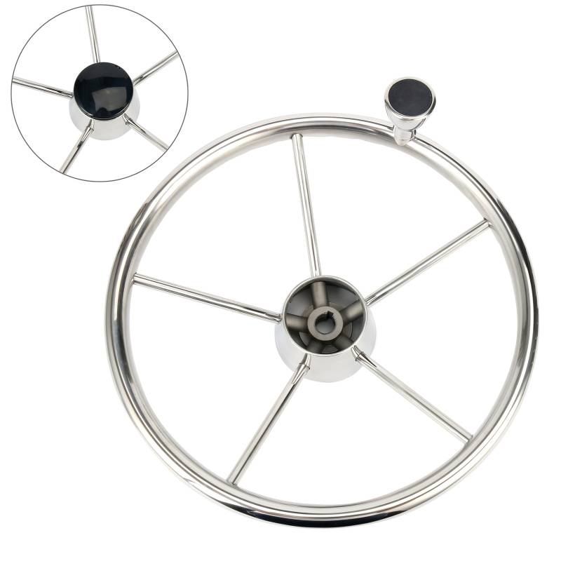BOOMSTART Bootslenkrad Steuerrad 5 Speichen Ø 343 mm (13 1/2 Zoll) Silber mit schwarzer Kappe und Knopf der Größe M, für Pontonboot, Yacht Universal von BOOMSTART
