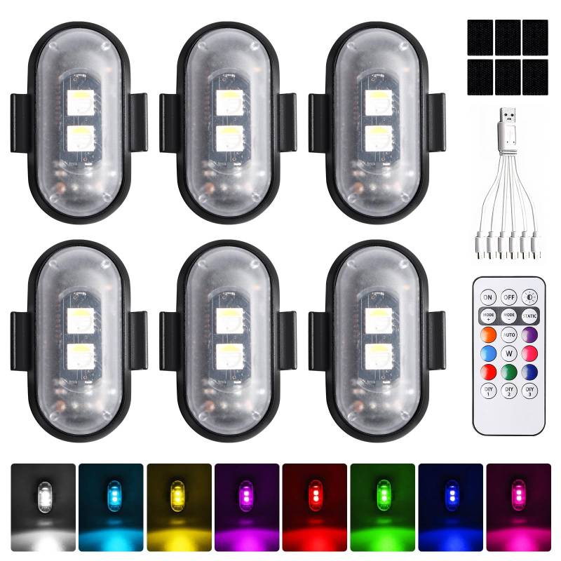 BORDEAG Kabellose Led Lichter Auto, 6 Stück Led Aircraft Strobe Lights, 8 Farben LED-Blitzlichter, Fernbedienung Blitzlicht Mit FernbedienungFür Motorrad Drohne von BORDEAG