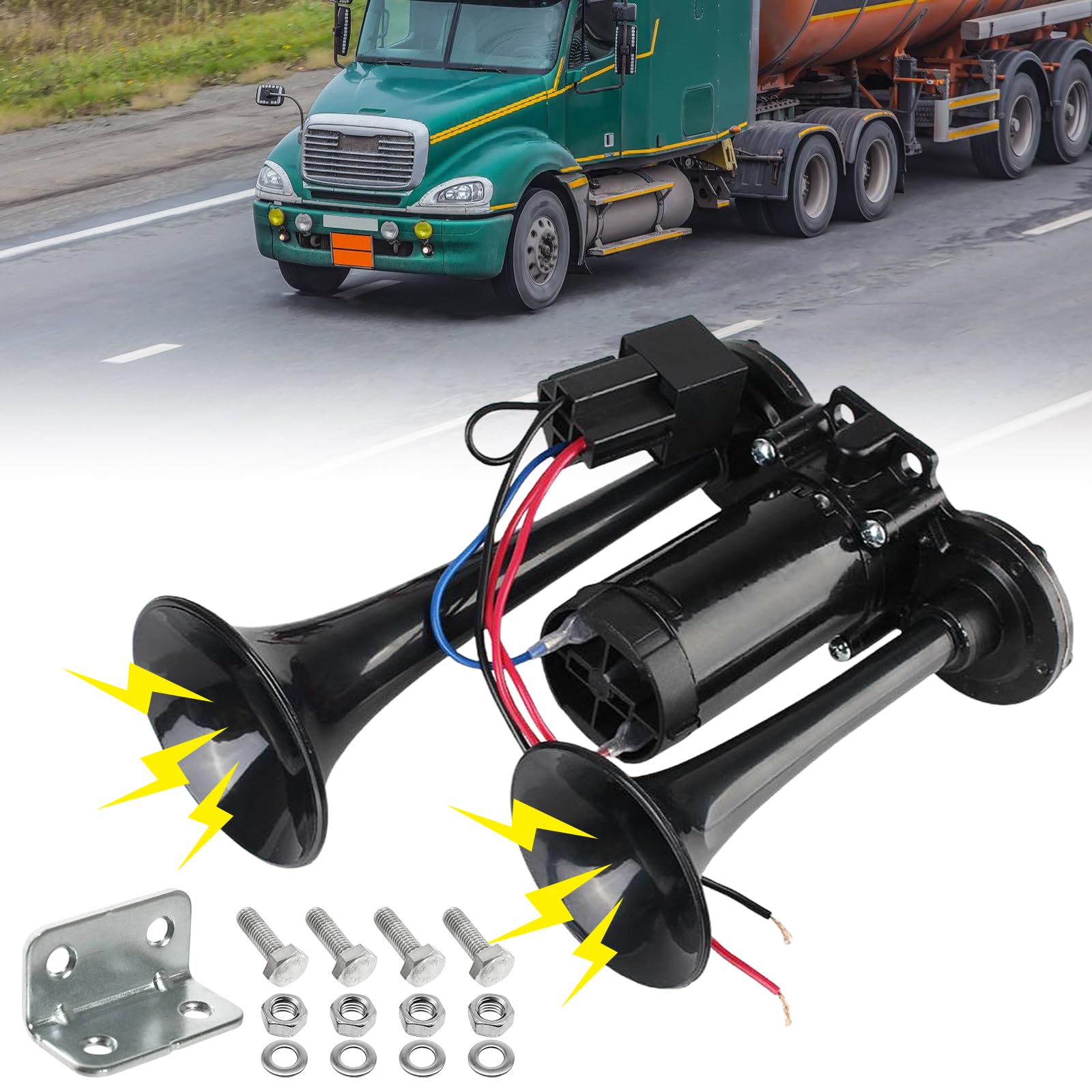 LKW Hupe 12V, Doppelrohr Lufthorn, Super Laut Air Horn, Laut Autohupe, LWK Hupe, Train Horn mit Kompressor, Lufthorn Drucklufthorn Laute Hupe Kit für 12 V Fahrzeug, PKW, Zug, Boot, Auto, Van LKW Hupe 12V, Doppelrohr Lufthorn, Super Laut Air Horn, Laut Autohupe, LWK Hupe, Train Horn mit Kompressor, Lufthorn Drucklufthorn Laute Hupe Kit für 12 V Fahrzeug, PKW, Zug, Boot, Auto, Van von BORDEAG