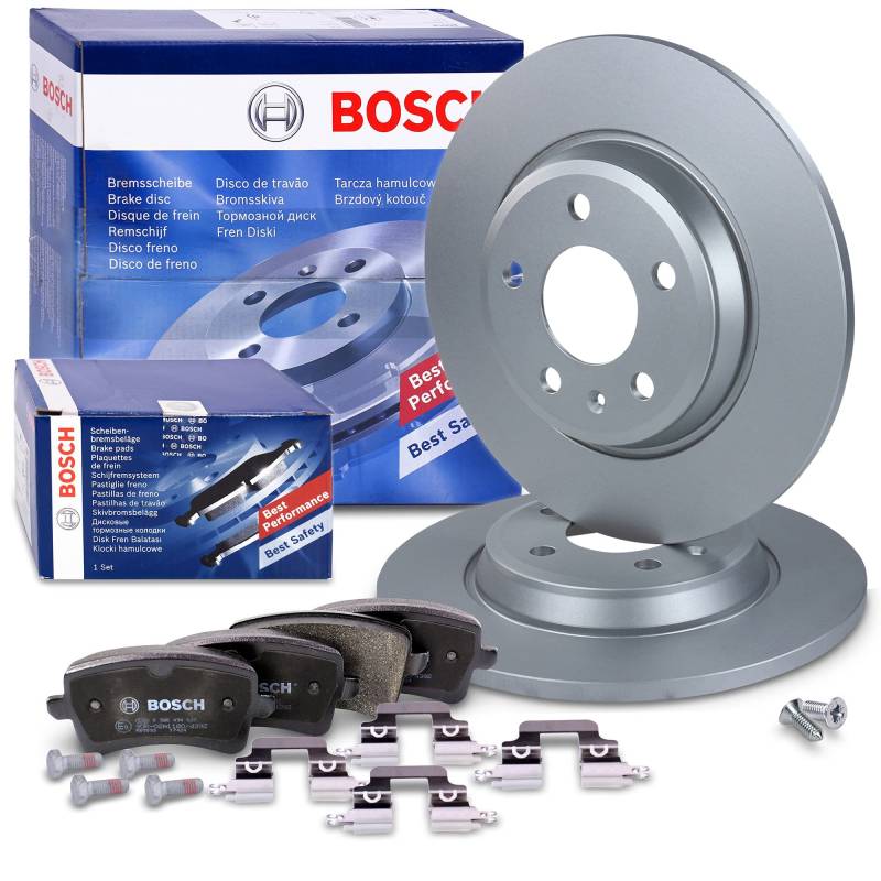 Bosch Bremsenset Hinterachse inkl. Bremsscheiben Hinten Ø 300 mm Voll und Bremsbeläge Hinten, Passend für AUDI A4 Allroad B8 (8KH), A4 B8 (8K2)(8K5), A5 (8T3)(8F7)(8TA), Q5 (8RB), Q5 Van (8RB) von BOSCH