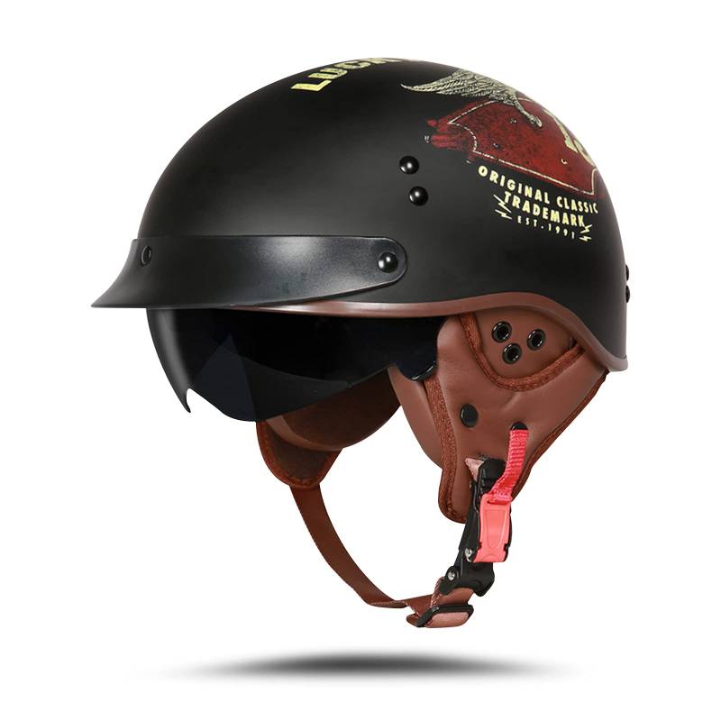 BOSERMEM Motorradhelm Mit Schutzbrille DOT/ECE-Zugelassen, Jethelm Roller-Helm Scooter-Helm Moped Mofa-Helm Chopper Vintage(Mattschwarz Lucky, XL 61-62cm) von BOSERMEM
