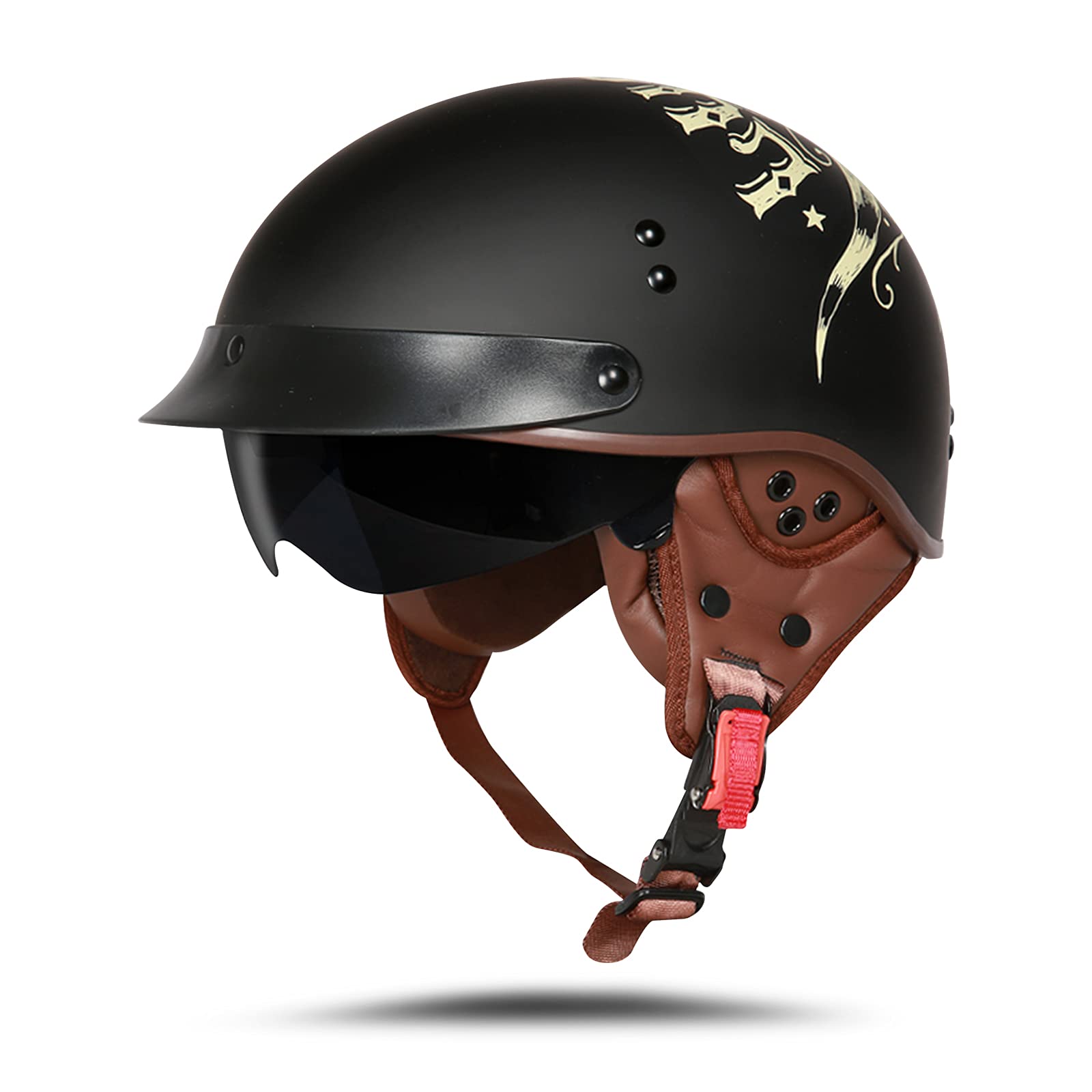 BOSERMEM Motorradhelm Mit Schutzbrille DOT/ECE-Zugelassen, Jethelm Roller-Helm Scooter-Helm Moped Mofa-Helm Chopper Vintage(Mattschwarzer Glücksstierkopf, XXL 63-64cm) von BOSERMEM