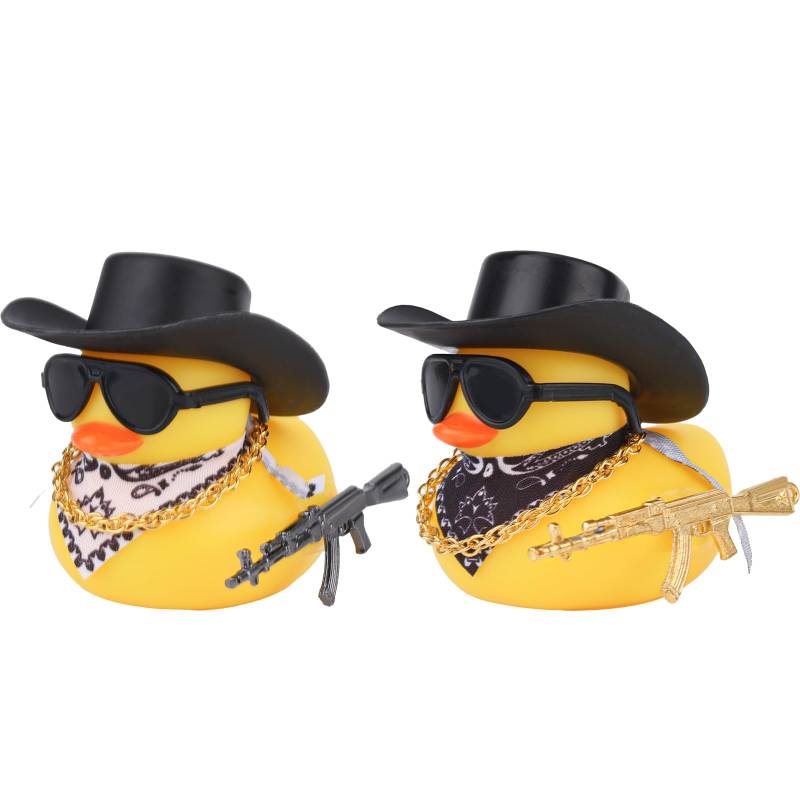 BOXOB 2 Stück Gummienten Auto-Armaturenbrett-Dekor, Lustige Ente Auto-Innendekoration mit Cowboyhut Goldener Halskette und Sonnenbrille Cooles Auto-Zubehör für Büro Zuhause Schreibtisch von BOXOB