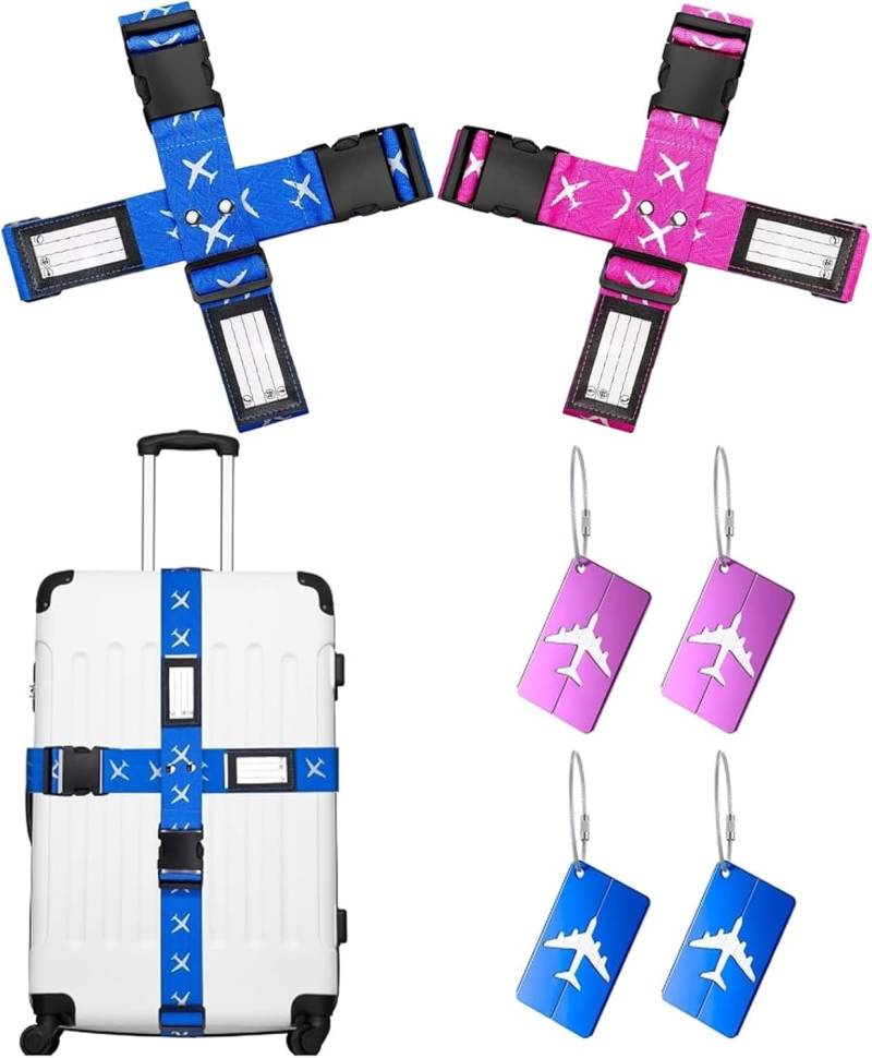 BOZILY Kofferbänder 4er Set mit 4er Anhängern, Einstellbare Kofferband 4er Set, Personalisiert Koffergurte, Koffergurt 4er Set mit namensschild (Rose & Blau) von BOZILY