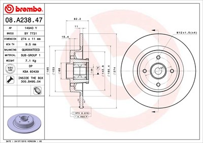 Brembo 1x Bremsscheibe Hinterachse mit ABS-Ring+Lager [Hersteller-Nr. 08.A238.47] für Renault von BREMBO