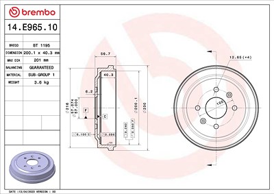 Brembo 1x Bremstrommel [Hersteller-Nr. 14.E965.10] für Chevrolet, Daewoo von BREMBO