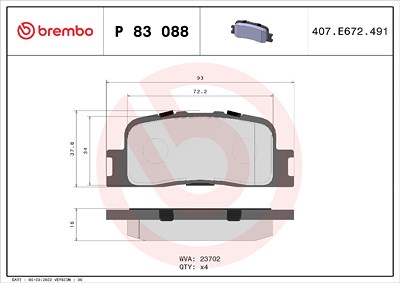 Brembo Bremsbeläge hinten (Satz) [Hersteller-Nr. P83088] für Chery, Lexus, Toyota von BREMBO