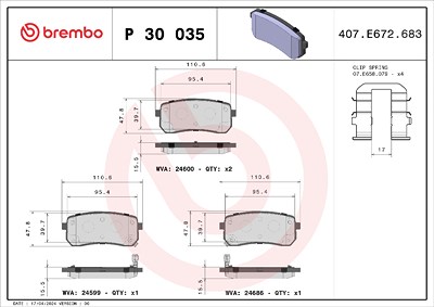 Brembo Bremsbeläge hinten (Satz) [Hersteller-Nr. P30035] für Hyundai, Kia von BREMBO