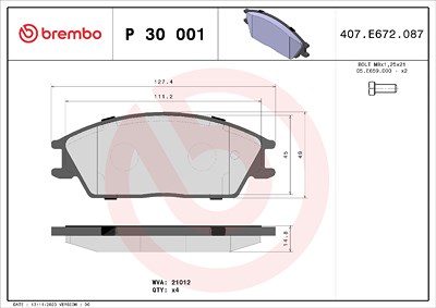 Brembo Bremsbeläge vorne (Satz) [Hersteller-Nr. P30001] für Honda, Hyundai von BREMBO