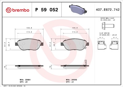Brembo Bremsbeläge vorne (Satz) [Hersteller-Nr. P59052] für Fiat, Opel, Vauxhall von BREMBO