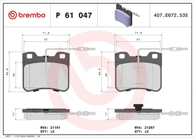 Brembo Bremsbeläge vorne (Satz) mit VWK [Hersteller-Nr. P61047] für Citroën, Peugeot von BREMBO