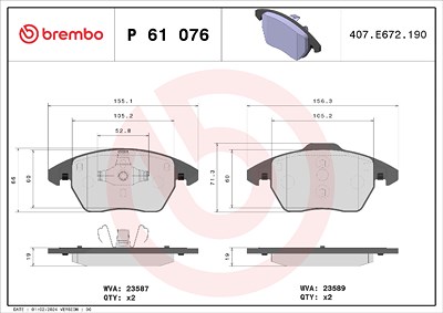 Brembo Bremsbelagsatz, Scheibenbremse [Hersteller-Nr. P61076] für Audi, Citroën, Ds (capsa), Peugeot, Seat, VW von BREMBO