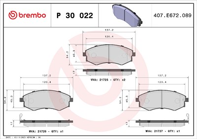 Brembo Bremsbelagsatz, Scheibenbremse [Hersteller-Nr. P30022] für Daewoo, Hyundai, Kia, Mitsubishi, Ssangyong von BREMBO