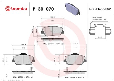 Brembo Bremsbelagsatz, Scheibenbremse [Hersteller-Nr. P30070] für Hyundai, Kia von BREMBO