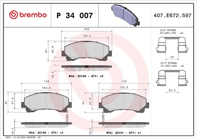 Brembo Bremsbelagsatz, Scheibenbremse [Hersteller-Nr. P34007] für Isuzu, Maxus von BREMBO