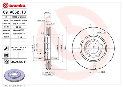 Brembo Bremsscheibe [Hersteller-Nr. 09.A652.11] für Audi, Seat, Skoda, VW von BREMBO