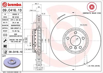 Brembo 1x Bremsscheibe belüftet vorne links [Hersteller-Nr. 09.C416.13] für BMW von BREMBO