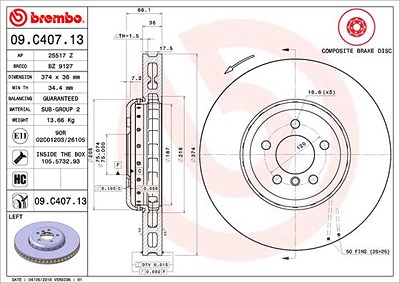 Brembo 1x Bremsscheibe belüftet vorne links [Hersteller-Nr. 09.C407.13] für BMW von BREMBO