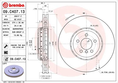 Brembo 1x Bremsscheibe belüftet vorne links [Hersteller-Nr. 09.C407.13] für BMW von BREMBO