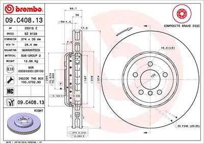 Brembo 1x Bremsscheibe belüftet vorne rechts [Hersteller-Nr. 09.C408.13] für BMW von BREMBO