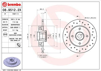 Brembo 1x Bremsscheibe [Hersteller-Nr. 08.9512.2X] für Citroën, Ds, Opel, Peugeot, Vauxhall von BREMBO