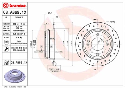 Brembo 1x Bremsscheibe [Hersteller-Nr. 08.A869.1X] für Hyundai, Kia von BREMBO