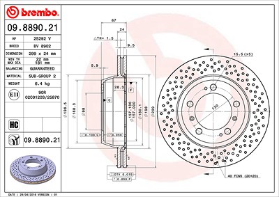 Brembo Bremsscheibe Hinterachse Belüftet/Gelocht [Hersteller-Nr. 09.8890.21] für Porsche von BREMBO
