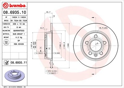 Brembo Bremsscheibe Hinterachse Voll [Hersteller-Nr. 08.6935.11] für Ford, Seat, VW von BREMBO