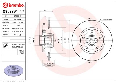 Brembo 1x Bremsscheibe Hinterachse Voll [Hersteller-Nr. 08.B391.17] für Renault von BREMBO