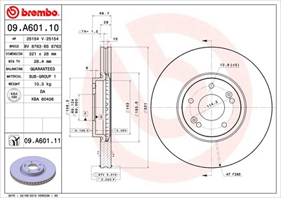 Brembo 1x Bremsscheibe [Hersteller-Nr. 09.A601.11] für Hyundai von BREMBO