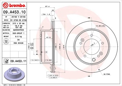 Brembo 1x Bremsscheibe [Hersteller-Nr. 09.A453.11] für Kia von BREMBO