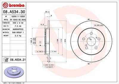 Brembo Bremsscheibe [Hersteller-Nr. 08.A534.31] für Lexus, Subaru, Toyota von BREMBO