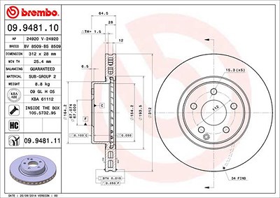 Brembo 1x Bremsscheibe [Hersteller-Nr. 09.9481.11] für Mercedes-Benz von BREMBO