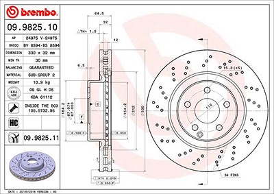 Brembo 1x Bremsscheibe [Hersteller-Nr. 09.9825.11] für Mercedes-Benz von BREMBO