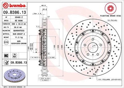 Brembo 1x Bremsscheibe [Hersteller-Nr. 09.B386.13] für Nissan von BREMBO