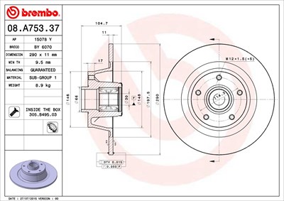 Brembo 1x Bremsscheibe [Hersteller-Nr. 08.A753.37] für Renault von BREMBO