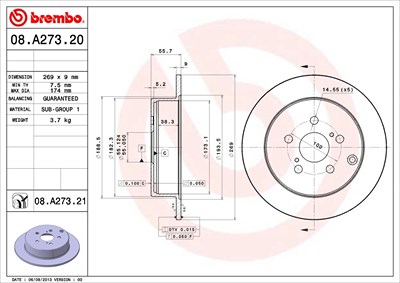 Brembo Bremsscheibe [Hersteller-Nr. 08.A273.21] für Toyota von BREMBO