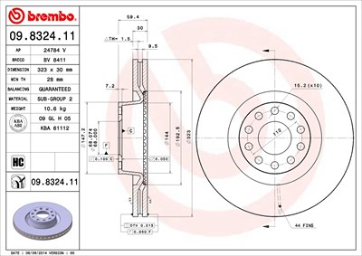 Brembo Bremsscheibe Vorderachse Belüftet [Hersteller-Nr. 09.8324.11] für Audi von BREMBO