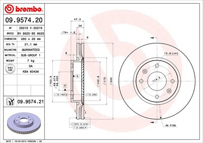 Brembo Bremsscheibe Vorderachse Belüftet [Hersteller-Nr. 09.9574.21] für Hyundai, Kia von BREMBO