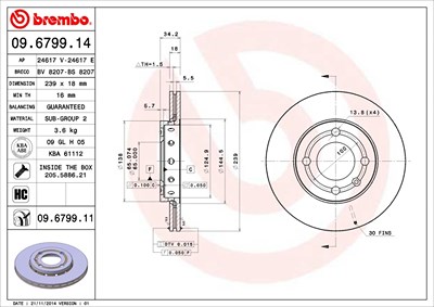 Brembo Bremsscheibe Vorderachse Belüftet [Hersteller-Nr. 09.6799.11] für Seat, VW von BREMBO