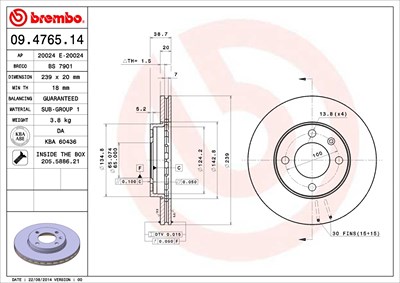 Brembo Bremsscheibe Vorderachse Belüftet [Hersteller-Nr. 09.4765.14] für Audi, Seat, VW von BREMBO