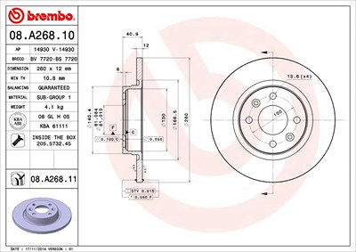 Brembo Bremsscheibe Vorderachse Voll [Hersteller-Nr. 08.A268.11] für Dacia, Renault, Smart von BREMBO