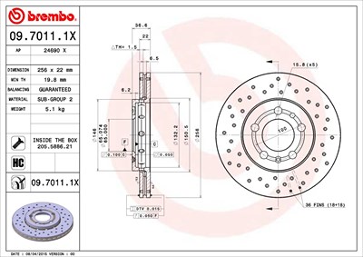 Brembo Bremsscheibe Vorderachse belüftet [Hersteller-Nr. 09.7011.1X] für Audi, Seat, Skoda, VW von BREMBO