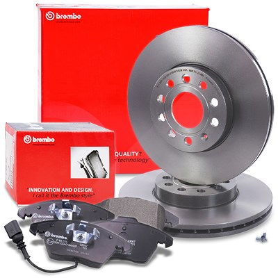 Brembo Bremsscheiben +Bremsbeläge mit Warnkontakt vorne für Audi, Seat, Skoda, VW von BREMBO