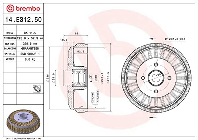 Brembo Bremstrommel [Hersteller-Nr. 14.E312.50] für Citroën, Dacia, Ds, Lada, Peugeot, Renault von BREMBO