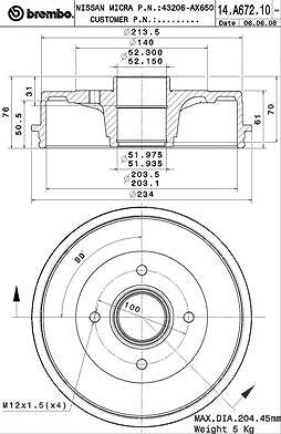 Brembo Bremstrommel [Hersteller-Nr. 14.A672.10] für Nissan von BREMBO
