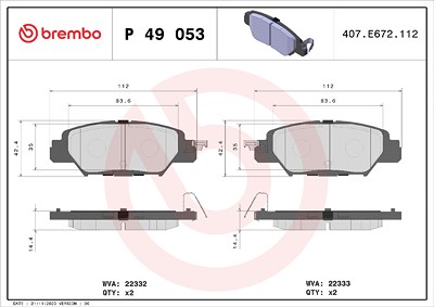 Brembo Bremsbelagsatz, Scheibenbremse [Hersteller-Nr. P49053] für Mazda von BREMBO