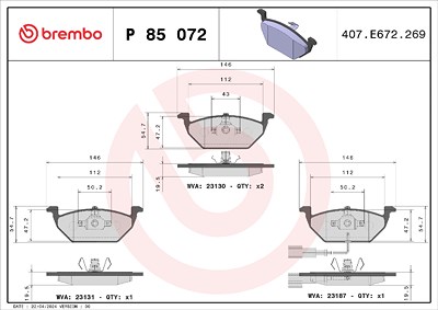 Brembo Bremsbelagsatz, Scheibenbremse [Hersteller-Nr. P85072X] für Audi, Seat, Skoda, VW von BREMBO