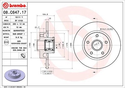 Brembo 1x Bremsscheibe [Hersteller-Nr. 08.C647.17] für Fiat, Nissan, Opel, Renault, Vauxhall von BREMBO