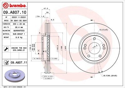 Brembo 1x Bremsscheibe [Hersteller-Nr. 09.A807.11] für Kia von BREMBO